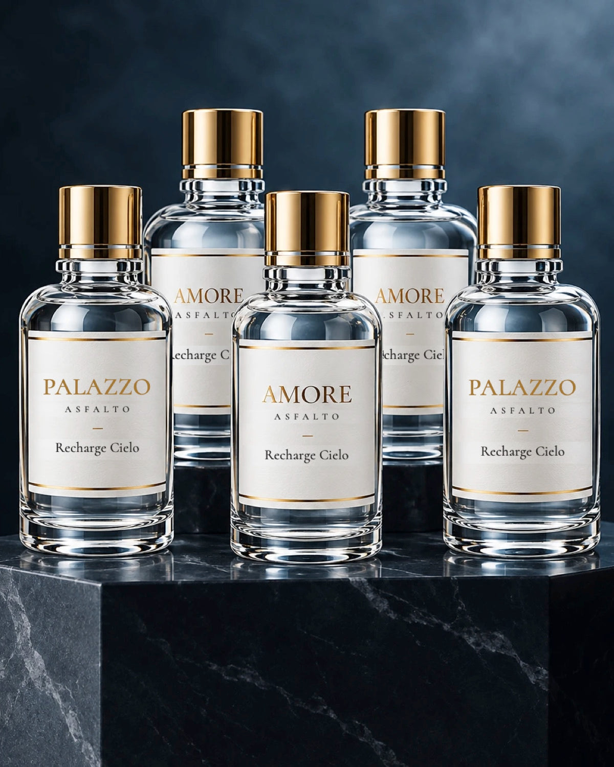 Bouteilles de recharge CIELO Amore et Palazzo sur socle en marbre noir - MAISON ASFALTO